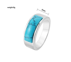Macro detail of 8mm vintage turquoise ring in silver titanium steel with 8g weight