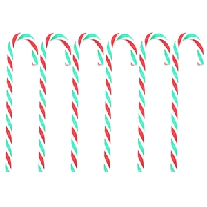 Set of six red green and white striped acrylic candy cane ornaments for Christmas tree