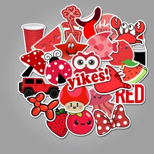 50-piece set of red aesthetic waterproof stickers featuring cute cartoon animals and food