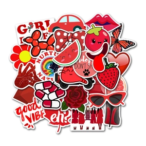 Detail of red VSCO style waterproof PVC stickers with heart, lips and slogans