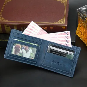 Blue vintage bifold wallet for men with card slots and a clear photo window