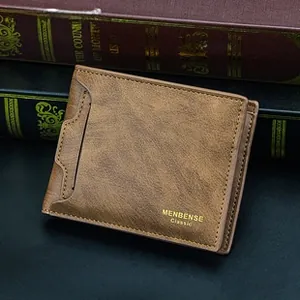 Detail of vintage brown leather men's bifold wallet with unique card slot and logo