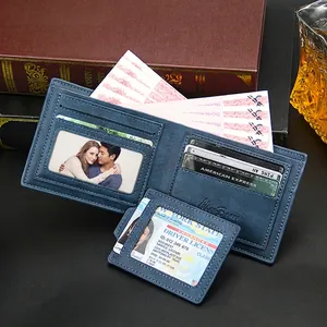 Deep blue bifold leather wallet for men featuring a removable card holder and multi-slots