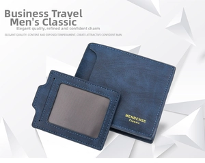 Close-up of blue men's bifold wallet in matte leather with removable card holder insert