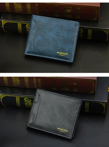 Detail of classic men's bifold wallets in blue and black with premium matte leather texture
