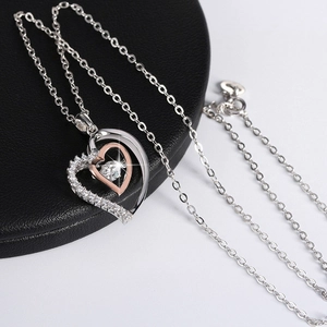 S925 sterling silver double heart pendant necklace with shimmering zircon stones