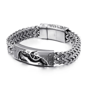 Mens stainless steel dragon bone bracelet with six-character mantra and gear details