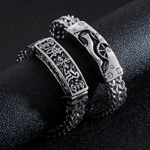 Men's stainless steel dragon bone bracelet with engraved Buddhist scripture motifs
