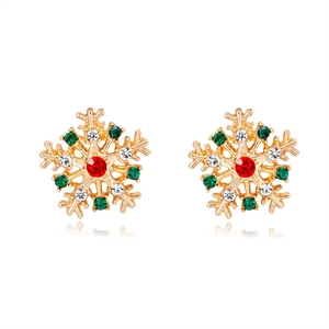 Detailed view of gold snowflake earrings inlaid with red, green and white rhinestones