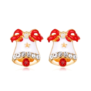 Detail showing golden Christmas bell earrings with red bow, white enamel, and rhinestones
