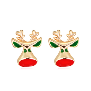 Detailed view of cartoon reindeer Christmas stud earrings with gold plating and red nose