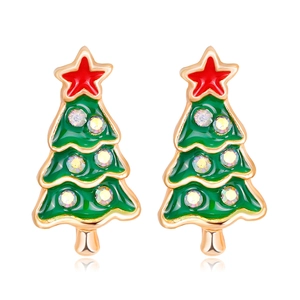 Detailed view of Christmas tree stud earrings with green tiers and colorful rhinestones