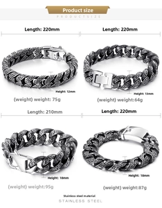 Tabella taglie dettagliata per bracciali vintage in acciaio con pesi e dimensioni