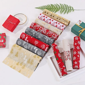 Christmas table runner with festive tree and reindeer patterns on linen fabric background