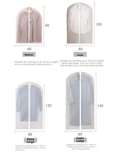 Tabla de tallas detallada para fundas de ropa de PEVA translúcido en cuatro longitudes