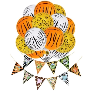 Tropical rainforest party banners and animal print balloons with lions and tigers