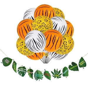 Tropical safari party set with animal print balloons and green monstera leaf banners
