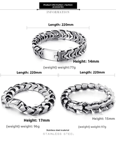 Three men's stainless steel dragon bone bracelets with detailed size and weight specs