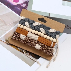 Men's multilayer leather bracelet set with woven ropes and natural wooden beads