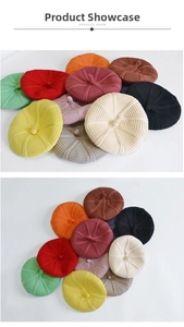 Detailed view of colorful knitted wool berets for kids in various winter shades