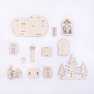 Laser cut wooden DIY Christmas tree and house puzzle components for desktop decoration
