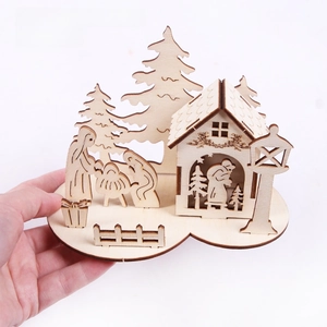 Detail of laser-cut wooden Christmas scene with eco-friendly natural wood texture