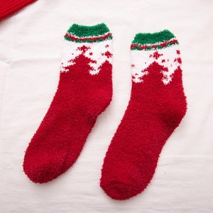 Christmas coral fleece socks with red and green patterns for winter warmth
