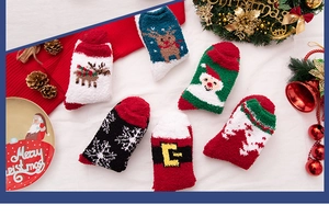 Detailed set of six Christmas coral fleece socks with reindeer and snowflake patterns