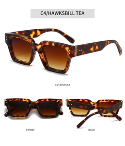 Detailed views of tortoiseshell square sunglasses with gradient lenses and metal rivets