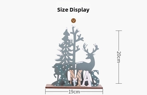 Detail view of wooden reindeer and tree Christmas desktop ornament with XMAS cutout base