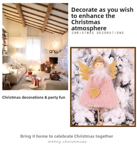 Detail of plush Christmas angel ornament with pink faux fur dress and gold sequin wings