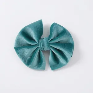 Soft velvet bow hair clip for children in dark teal blue color, elegant princess accessory