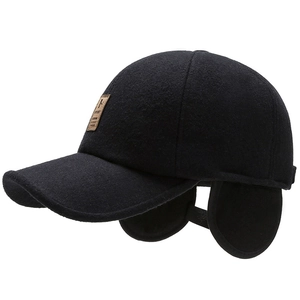 Warm black wool baseball cap for men with ear flaps and embossed leather sport tag