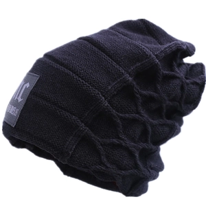 Navy blue winter knitted beanie with textured diamond pattern and square logo patch