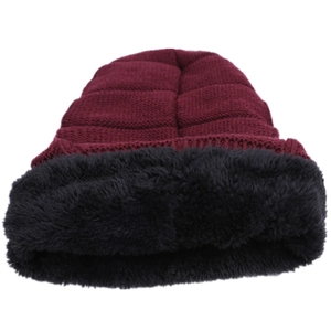 Winter knit beanie in wine red with thick black fleece lining for men shown on white background