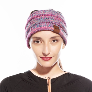 Winter thermal knit headband with MOK logo leather patch for women in pink blue mix