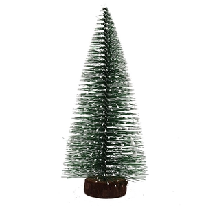 Frosted mini cedar Christmas tree with pine needles and natural wooden base on white background