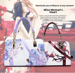 Detail of floral shell handbags showing blue and red prints with gold chain hardware