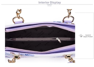 Top view detail of printed handbag interior with center zipper pocket and floral lining
