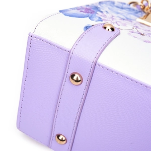 Floral print shell handbag with purple PU leather trim and gold metal studs