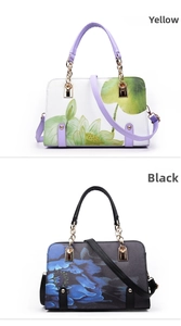 Vertical detail of floral print handbags in white lotus and dark blue floral patterns