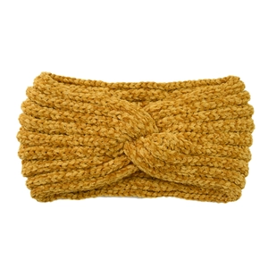 Detailed knit texture of ginger yellow chenille headband with twist knot design