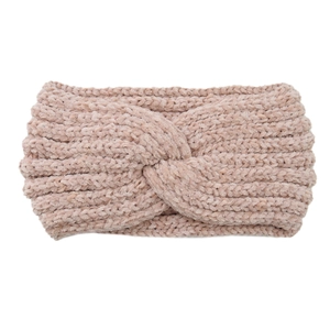 Close-up of pink knitted twist headband showing soft chenille texture and stitch detail