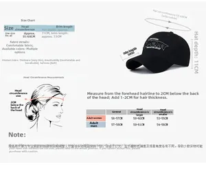Size chart showing head circumference 55-60cm and depth 11cm for the cotton baseball cap