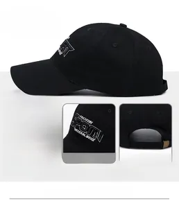 Detail of cotton baseball cap with 3D embroidery and adjustable metal buckle