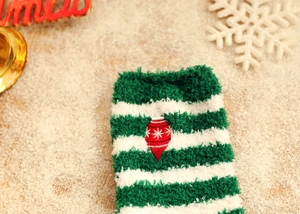 Thick coral fleece Christmas socks with green white stripes and embroidered festive ornament