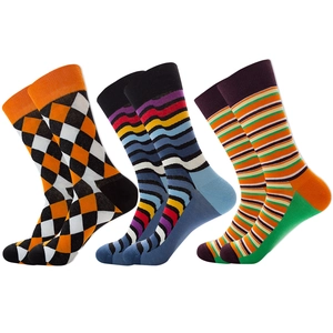 Three-pack cotton crew socks for men with geometric plaid, wave, and stripe patterns