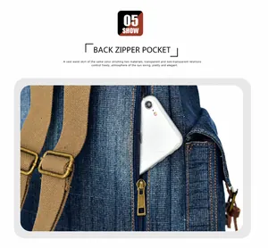 Détail d'un sac à dos en jean avec une poche zippée cachée à l'arrière pour smartphone