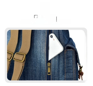 Dettaglio di uno zaino in denim con tasca posteriore nascosta con zip per smartphone