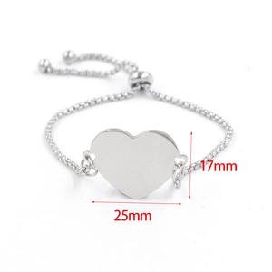 Bracelet cœur en acier inoxydable poli avec chaîne de boîte réglable et pendentif 25x17mm
